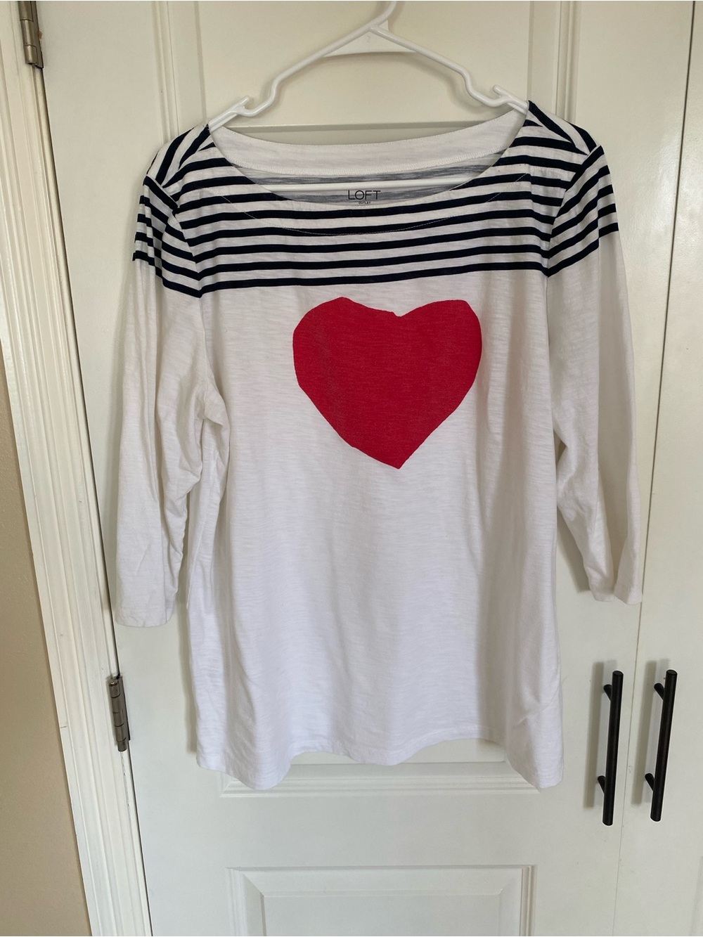 LOFT White Long Sleeve Stripe Top with Red Heart